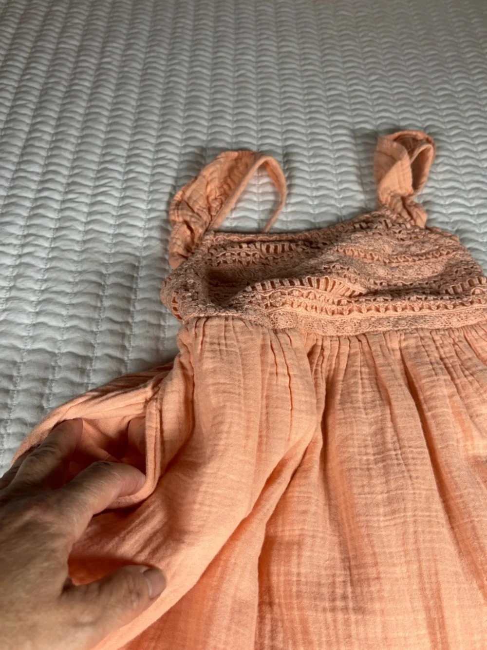 Girls Peach Boho Dress XS 4/5 Cotton Gauze Lace Sleeveless Summer Cottagecore